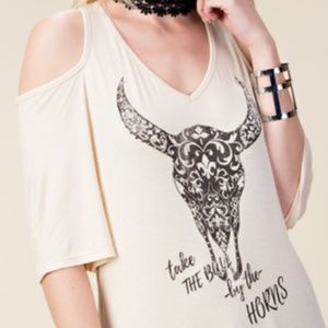 Vocal Cream Color Bull Print Cold Shoulder Top